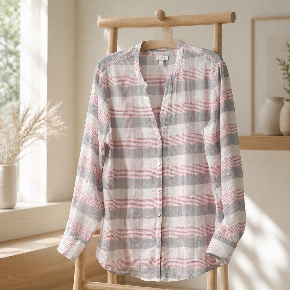Soft Joie lightweight Plaid 100% cotton button-down roll-tab sleeves size L